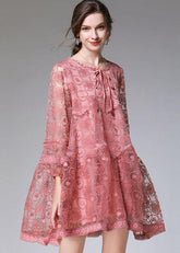 Vestido de fiesta de encaje de primavera de moda rosa elegante de manga larga